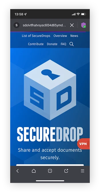 SecureDrop文件共享网站，必须使用暗网浏览器（如Tor）访问。