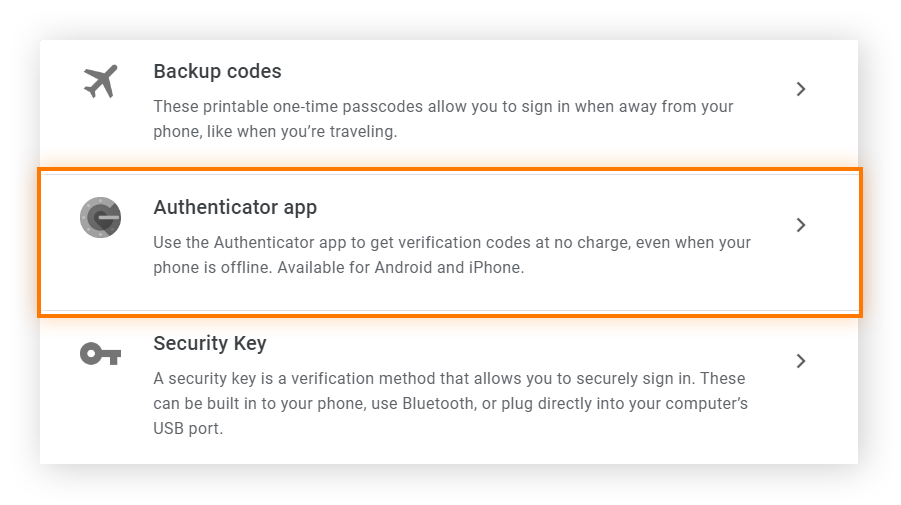 Google 帐户的双因素验证部分中的验证选项